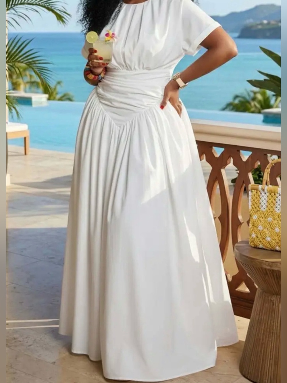 Elegant Short Sleeve Gathered Waist Maxi Dress - Deep Red